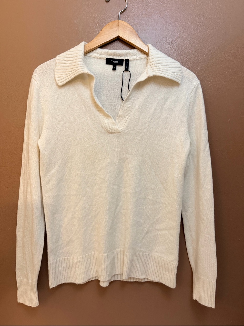 Theory women’s Cashmere Knit Collared Pullover Sweater Ribbed Ivory S